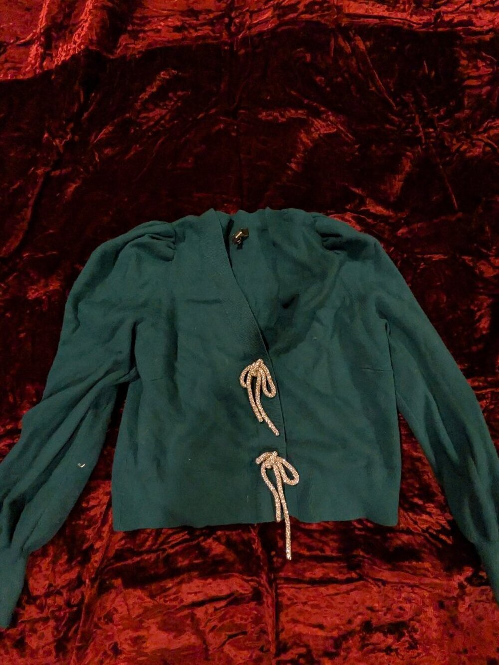 Express Green Puff Sleeve Cardigan Rhinestone Bow Closure Small